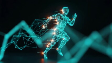 A futuristic digital representation of a running human figure showcasing motion and energy through glowing lines and nodes against a dark background ideal for technology and fitness themes - Powered by Adobe