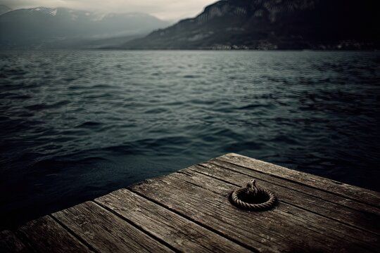 A weathered wooden dock juts into a dark, still lake, with mountains in the background