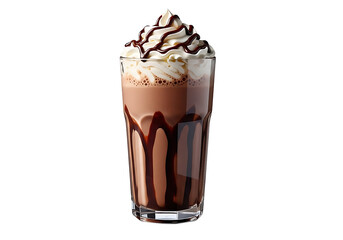Chocolate milkshake in a glass with whipped cream and chocolate drizzle.