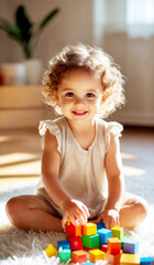 Adorable toddler girl with curly hair sitting on a carpet and plays with colorful wooden blocks. Early brain and skills development concept.