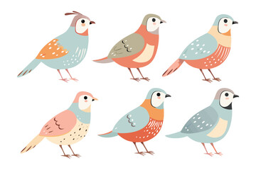 Colorful Aviary: A charming illustration of six uniquely designed birds with diverse patterns and colors, each representing individualistic beauty and harmony in avian art.