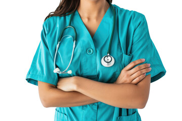 Medical professional in scrubs stands confidently with arms crossed in a healthcare environment