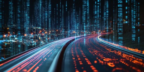 Futuristic Cybernetic Digital Information Flow on Modern Highways with Neon Traffic Elements