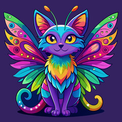 Obraz premium Rainbow-colored fantasy cat with butterfly wings and glowing eyes” — vibrant palette, magical vibe