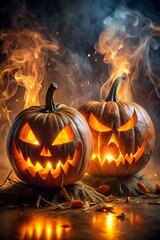 Two menacing jackolanterns with glowing faces are illuminated by intense flames and smoke