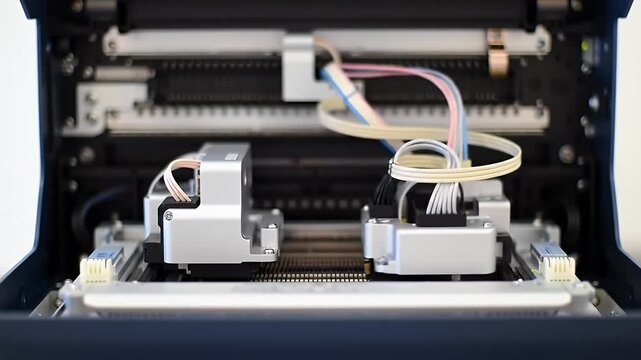 Detailed View Inside a Next Generation Sequencing Platform Featuring Wiring and Mechanical Components