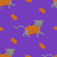 Scary cat with pumpkin halloween concept.Halloween seamless pattern design print, fabric print, paper wrap.