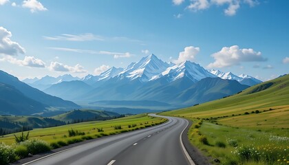 Fototapeta premium Winding Paved Road Leading Through a Green Valley Towards Majestic Snow-Capped Mountains Under a Bright Blue Sky with Fluffy Clouds, Symbolizing Travel, Adventure