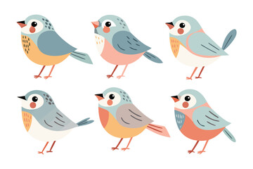 Birds illustration collection: Six adorable, illustrated birds, each with unique plumage patterns, perch gracefully, creating a charming and whimsical design.