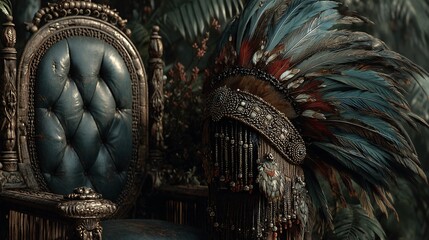 Fototapeta premium Ornate Native American Headdress Resting on Vintage Chair