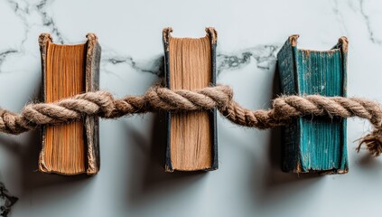 Three antique books tied together with rope on a marble surface
