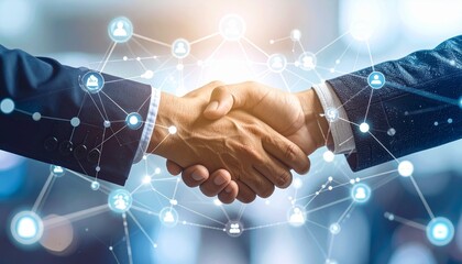 Handshake between two businesspeople overlaid with digital network connections and icons, symbolizing tech partnership