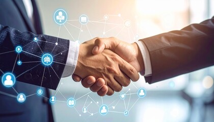 Handshake between two businesspeople overlaid with digital network connections and icons, symbolizing tech partnership