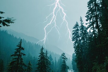 Stormy, misty forest with lightning