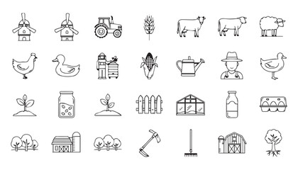 Fototapeta premium Farming and Agriculture Icons with Livestock, Crops, and Equipment Symbols