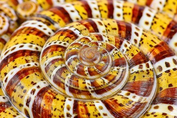 Close-up of a spiral seashell, exhibiting intricate patterns of yellow, red, brown, and white stripes and dots