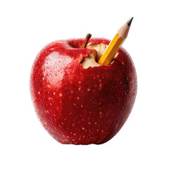 Red apple with a pencil inside a bite