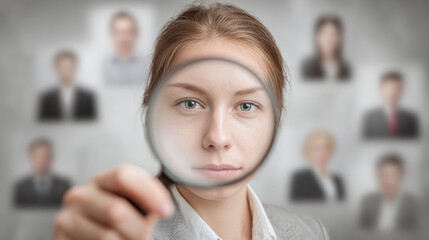 Woman examines candidates with a magnifying glass, searching for the best fit among portraits in the background. Selecting talent for employment concept.