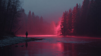 A lone figure contemplates a river illuminated by a strange, ethereal glow amidst a dark, foggy forest, creating a serene yet mysterious atmosphere.