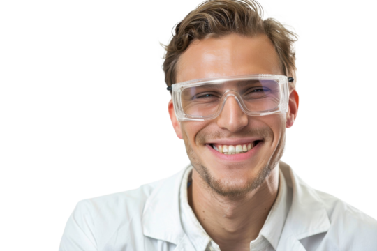 Smiling man in safety glasses and lab coat ready for scientific research in a controlled environment
