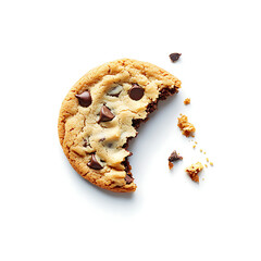 Partially Eaten Chocolate Chip Cookie with Crumbs on White Background