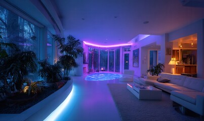 thermal-sensitive flooring in futuristic home, mood lighting, adaptive material 