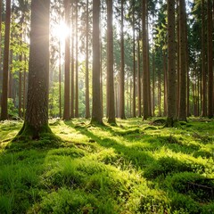 Obraz premium Sunlight filtering through a dense forest