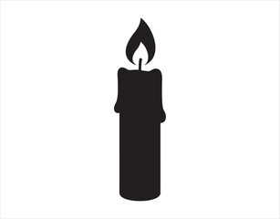 Plain black candle icon vector illustration. The silhouette of a burning candle light stands out on a white background.