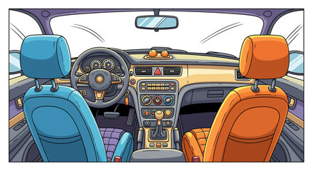 Playful cartoon vector art of car interior with oversized dashboard and colorful controls