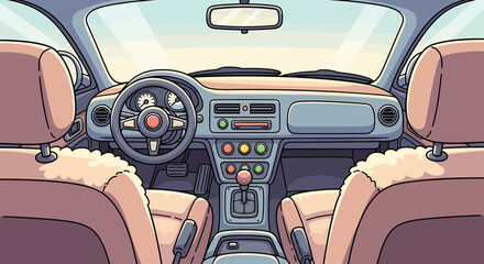 Adorable chibi style car cabin in bright cheerful colors with oversized controls