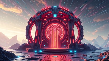 Futuristic portal glowing red and blue amidst alien landscape technology sci fi
