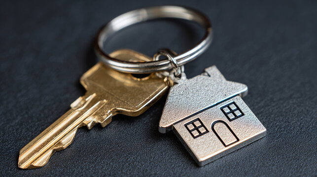 Key to new beginnings: golden key and house-shaped keychain on a dark surface. Opportunity awaits, unlocking dreams in real estate.