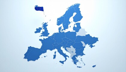 Map of European Union countries highlighted in blue with EU flag, visual representation of political and economic alliance