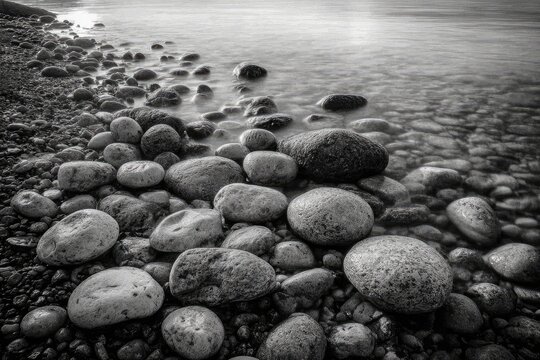 Coastal stones in shallow water, black and white - Powered by Adobe