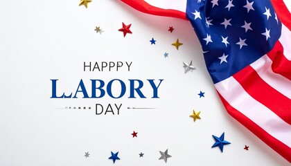 Happy Labor Day text with multicolored stars and partial American flag, festive graphic honoring workers' contributions