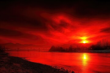 Fiery sunset over a river