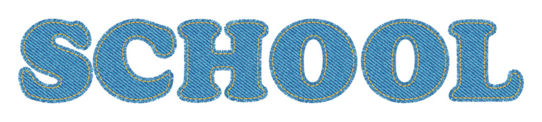 School denim patches. Patchwork font with fabric pattern and torn edges in shape of school word. Blue text with letters with blue jean texture, vector illustration