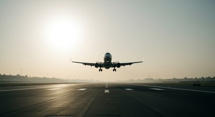 Naklejka premium 35mm film film still chiaroscuro handmade dslr dream aesthetic high contrast Passenger plane taking off from an airport runway, representing air transport and travel --ar 169