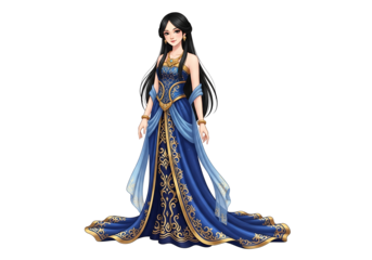 A young woman in a regal blue and gold gown.