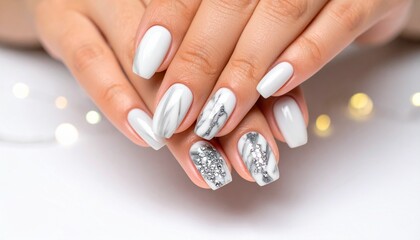 A woman's fingertips with elegant white and gray marbled nail art