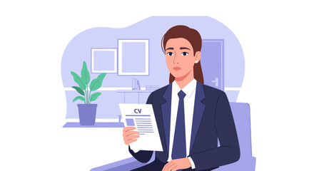 Professional woman reviews her CV before job interview in a calming office setting