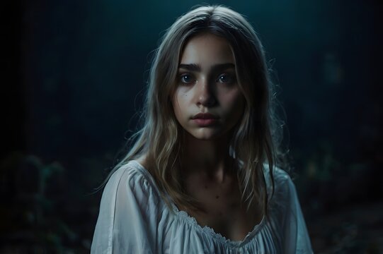 Chost girl horror wearing a white nightie. Halloween concept. a scary girl wearing a white nightie. witch.