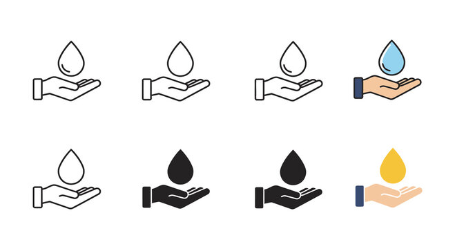 Hand holding water drop icons in different styles for web design