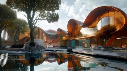 A modern building with unique architecture and a water body in the foreground. An excellent choice for presentations of innovative projects and architectural solutions.
