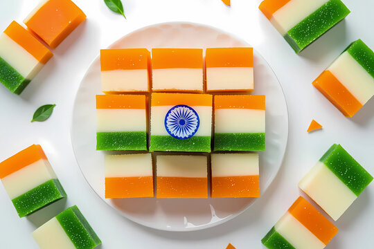 Tricolor Indian flag barfi sweets neatly arranged on white plate for Independence Day celebration