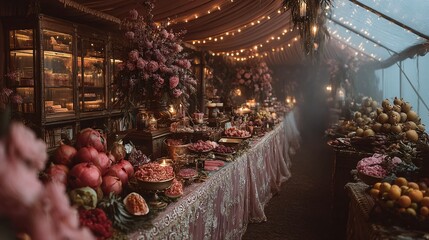 Elegant Festive Table Display with Fruits and Floral Arrangements