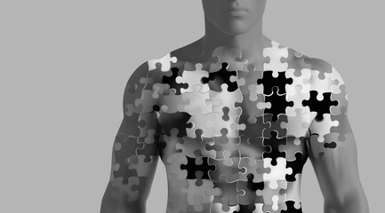  Human torso composed of puzzle pieces symbolizes complex nature of personal identity.