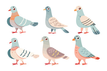 Pigeons in Various Poses: An assortment of stylized pigeons, showcasing their diverse colors and poses. An artistic study of the urban and free wildlife.