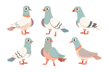 Pigeons in various poses: Six elegantly illustrated pigeons showcase diversity in poses and subtle color variations, with each bird conveying a sense of character and personality.