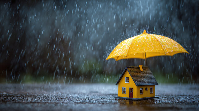 Protected Home: A miniature house is sheltered from heavy rain by a bright yellow umbrella, symbolizing security and safety during stormy weather.